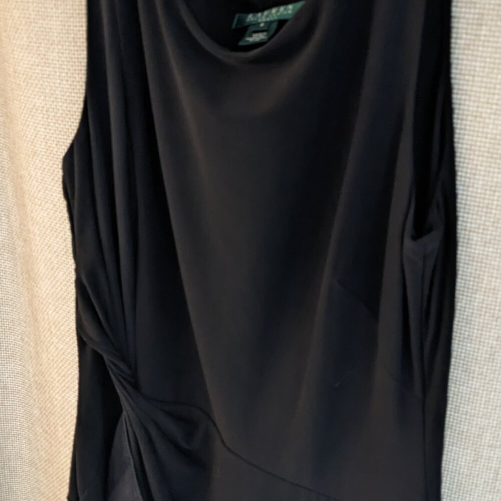 Lauren Ralph Lauren Classic Solid Black Sleeveless Dress with Side Ruffle Size 6